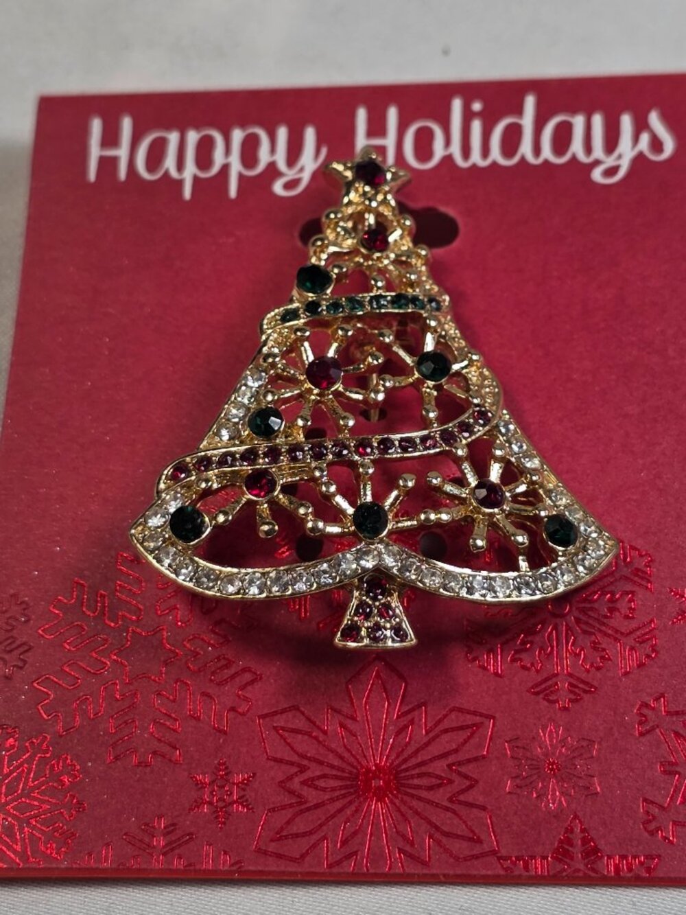 Gold Tone Rhinestone Christmas Tree Brooch Pin Red Green Holiday Jewelry